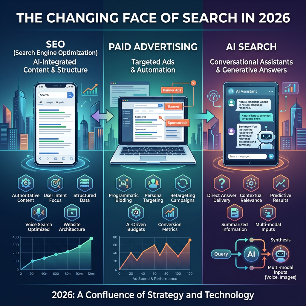 Infographic comparing SEO, paid advertising, and AI search trends in 2026
